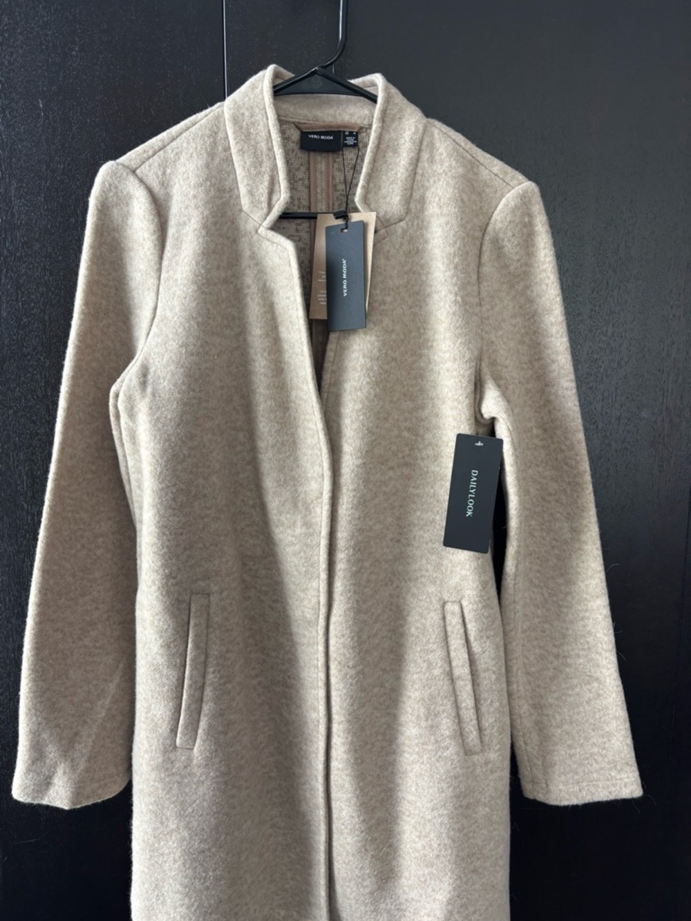 Vero Moda Neutral Cream Collarless Wool-Blend Long Coat